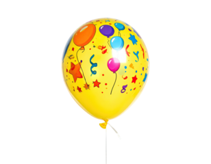 A single yellow balloon with colorful celebratory patterns against a black background