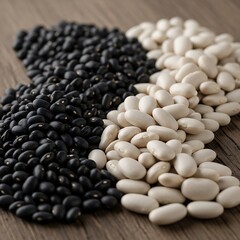 Black and White Beans - A Culinary Contrast on Wooden Surface.