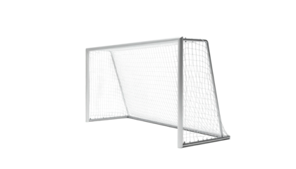3D render of a white soccer goal with netting, against a dark background