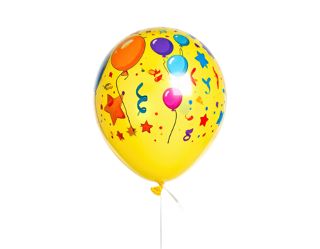 A single yellow balloon with colorful celebratory patterns against a black background