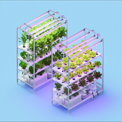 Two indoor hydroponic growing systems with lettuce and other leafy greens under artificial grow lights, showcasing sustainable agriculture.