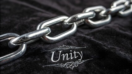 Shiny metal chain with Unity logo on dark velvet fabric