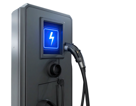 A futuristic EV charging station with an illuminated blue lightning bolt icon