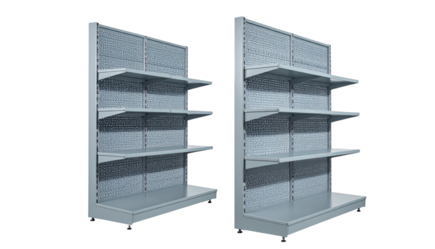 Two retail shelves, side-by-side, with adjustable shelves and a perforated back panel