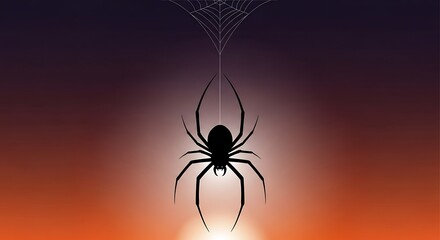 Silhouette of a Spider Hanging from Web Against Gradient Background.