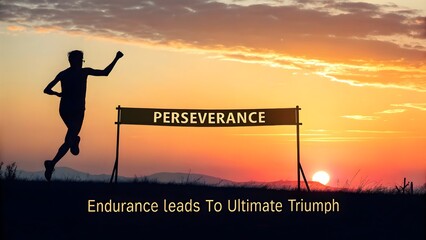 Silhouette of person celebrating under Perseverance banner at sunset