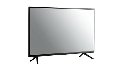A gray-screened rectangular display with thin black frame, propped by two legs, on black