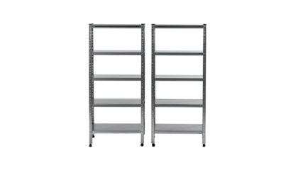 Two identical, empty metal shelving units against a stark black background