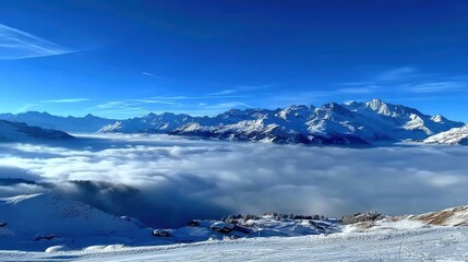 Serene alpine vista snowy mountain range floating cloud inversion deep blue sky above a white wonderland aerial perspective