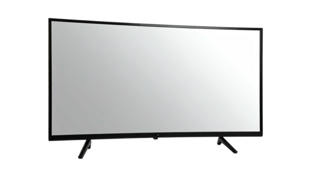 A modern, curved-screen display, showcasing a plain white screen, set on a stand