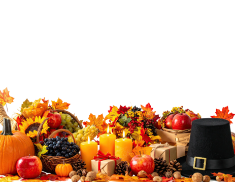 Abundant harvest spread with pumpkins, fruit, candles, foliage, and a pilgrim hat