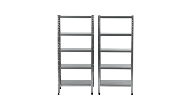 Two identical, empty metal shelving units against a stark black background
