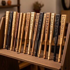 Elegant Hand Fans Displayed on Wooden Shelf - A Study in Craftsmanship and Design.