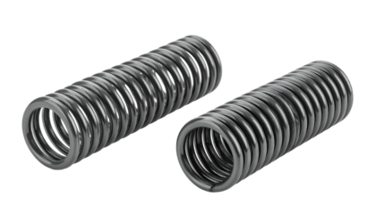 Two close-up cylindrical metal springs with a glossy surface against a black background