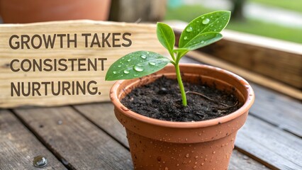 Small green plant growing in terra cotta pot outdoors