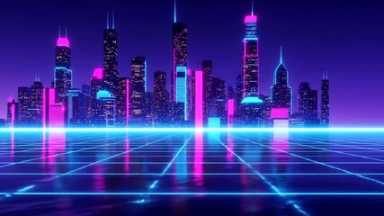 Futuristic city skyline with neon lights reflecting on a grid, showcasing a vibrant urban nightlife - Powered by Adobe