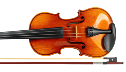 Detailed overhead shot of a violin and bow, rendered on a black background