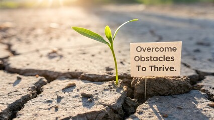 Small plant sprouting in cracked earth against bright light