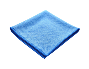 A folded, light-blue microfiber cleaning cloth with a darker blue border, isolated