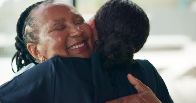 Nurse, senior woman and hug for support, care and recovery for healthcare together. Happy people, caregiver and embrace in house for treatment success, thank you and medical wellness in retirement