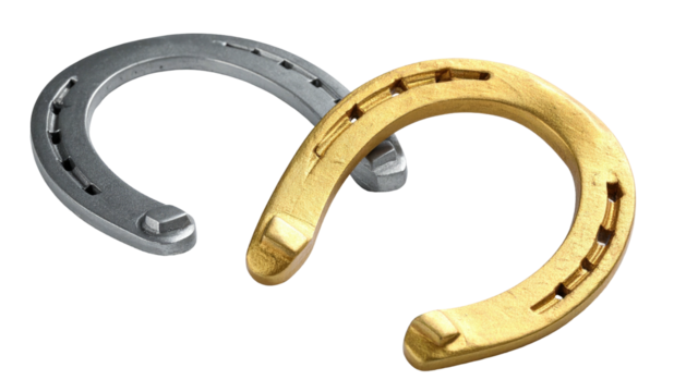 Two curved metal objects, one silver and one gold, overlapping against a black background