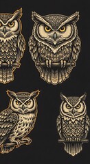 Detailed Owl Illustrations - A Collection of Focused Gaze and Intricate Details.