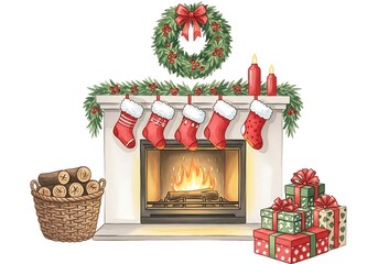Festive Christmas Fireplace Scene with Stockings and Gifts Illustration.