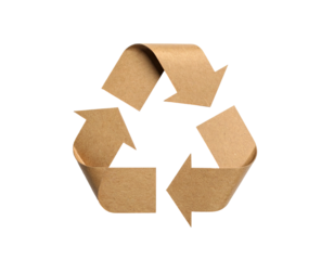Tan recycled paper symbol with curled corners against a black background
