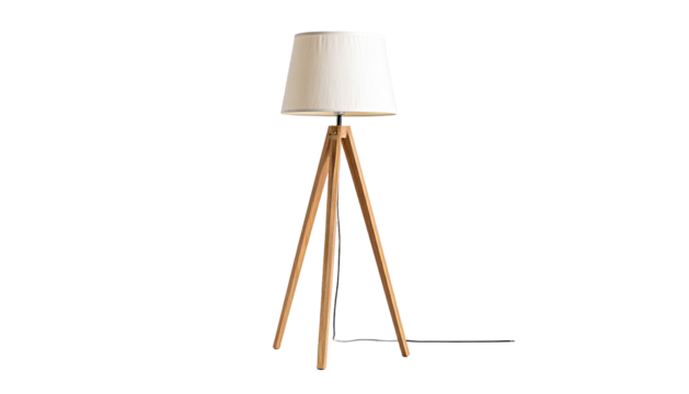 A wooden tripod floor lamp with a white shade isolated against a black background
