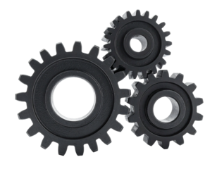Three interlocked mechanical gears against a black background, suggesting a system