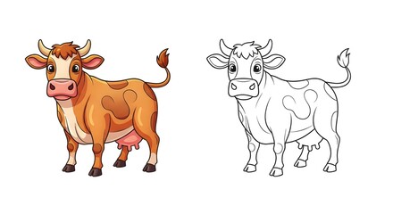 Cute Cartoon Cow Illustration | Farm Animal Character with Coloring Page for Kids&rsquo; Books and Educational Fun