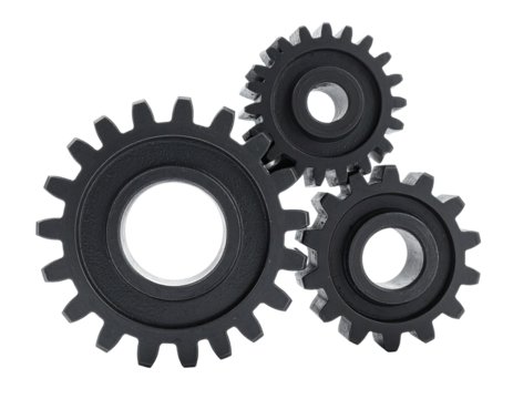 Three interlocked mechanical gears against a black background, suggesting a system