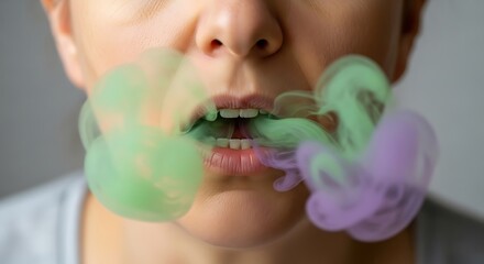 Person exhaling colorful smoke, creating a surreal and artistic effect.