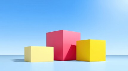 Fototapeta premium Three dimensional geometric shapes in pastel colors against a clear blue sky create abstract art