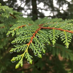Raindrops on Cedar Branch - A Fresh Forest Scene.