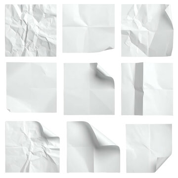 Nine white, square pieces of paper, variously crumpled, folded, and curled