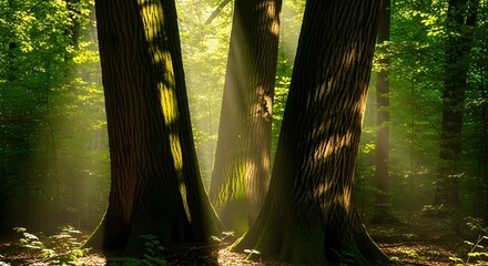 Sunlit Forest - A Serene Woodland Scene with Light Rays.