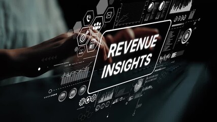 Hands in focus interacting with digital revenue insights analytics on a modern touchscreen interface illuminated by data graphics. Asymptotic smart data analytic. - Powered by Adobe