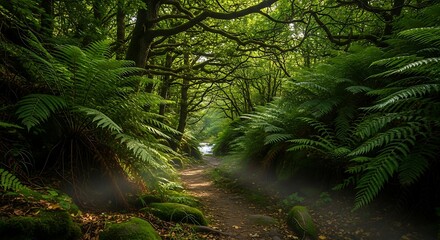 Fototapeta premium Lush Green Forest Path - A Serene Walk Through Natures Embrace.
