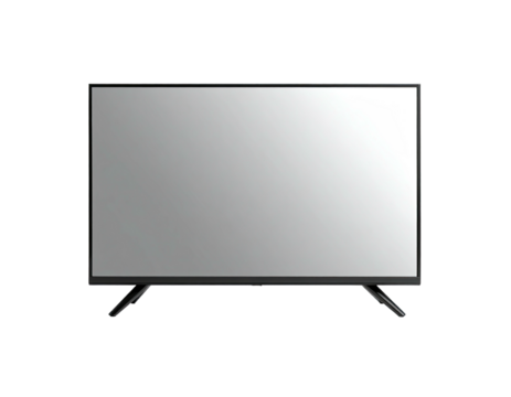 A widescreen, black-framed digital display on thin angled legs, set against black