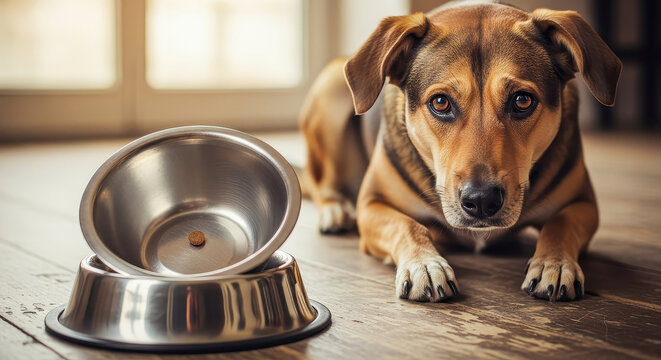 Dog waiting by empty food bowl.
