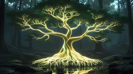 Ultra-detailed digital concept art showing fusion of organic and artificial in glowing bioluminescent tree with holographic light and neural roots
