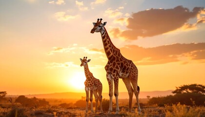 Giraffe mother  calf silhouette at sunset with glowing African savanna landscape.