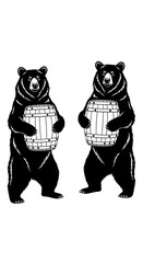 Two bears standing upright holding wooden barrels, black and white illustration.