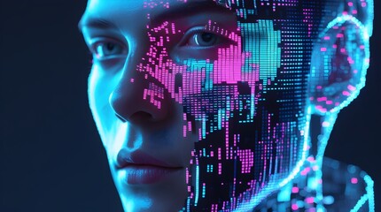 Futuristic cyberpunk portrait of human face dissolving into glowing glitch pixels with neon blue and pink holographic light accents