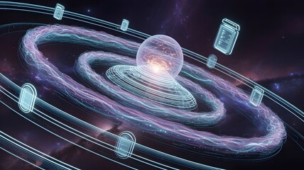 Cinematic digital artwork depicting spiral galaxy of neural links and binary streams glowing in blue, purple, emerald, and fiery orange hues