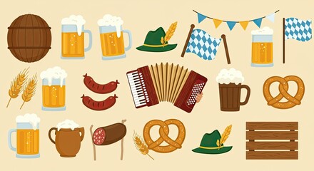 Vibrant Oktoberfest celebration elements including frothy beer mugs, pretzels, sausages, accordions, traditional hats, and Bavarian flags create an energetic festive atmosphere for your designs.