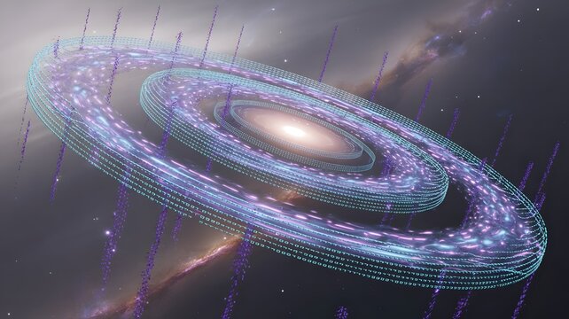 Futuristic digital painting of colossal spiral galaxy made of glowing neural networks and binary code streams forming vibrant cosmic patterns - Powered by Adobe