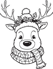 Fototapeta premium Cartoon Reindeer Vector – Black and White Line Art with Hat, Scarf, Holly Antlers, and Winter Cheer