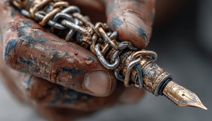 A hand holding a pen tightly wrapped in chains, symbolizing censorship and press freedom awareness